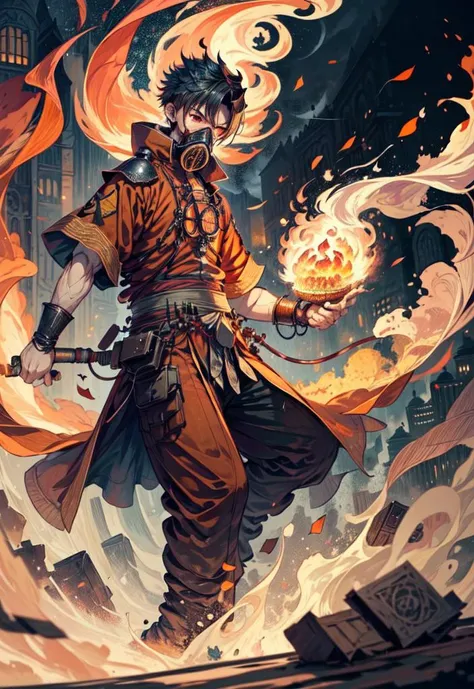 ((view from afar)) best quality, masterpiece, high quality, 8k, beautiful lighting, orange sky, beautiful detailed, 1man, firefighter black suit, gas mask, fire, flamethrower, burning books, fire city, red eyes,
<lora:add_detail:1> <lora:Fire_VFX:1>