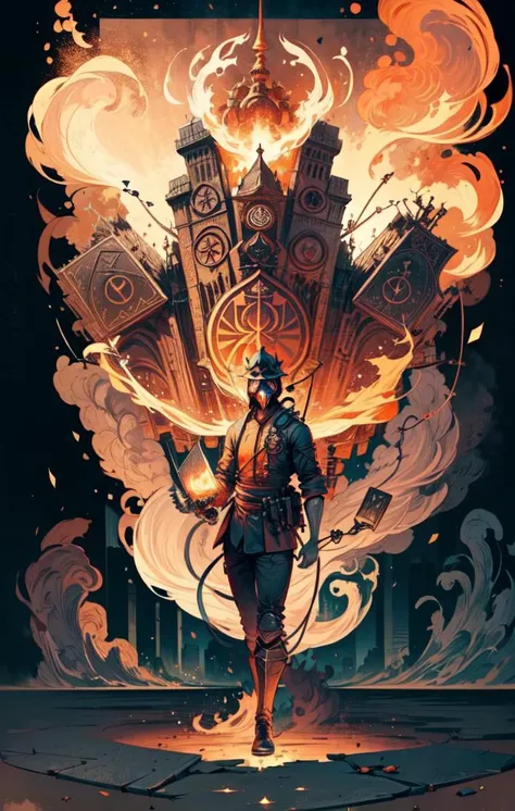 ((view from afar)) best quality, masterpiece, high quality, 8k, beautiful lighting, orange sky, beautiful detailed, 1man, firefighter black suit, gas mask, fire, flamethrower, burning books, fire city, red eyes, 
 <lora:add_detail:1>  <lora:Fire_VFX:1>