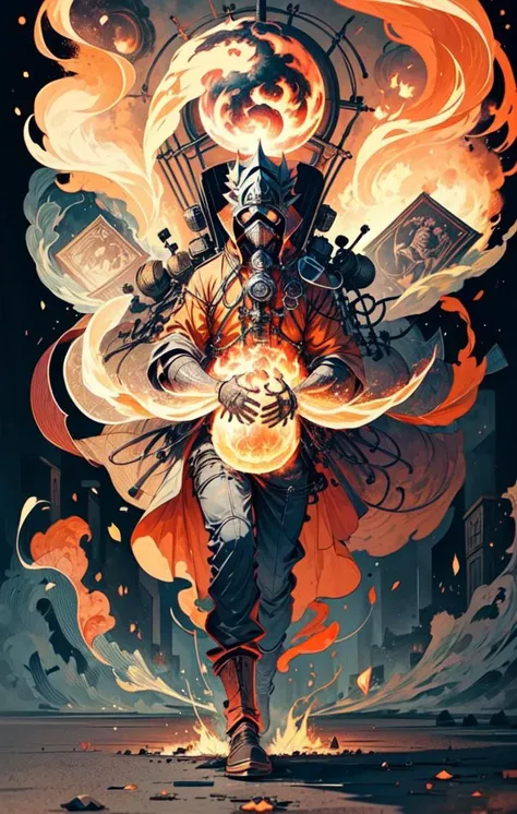 ((view from afar)) best quality, masterpiece, high quality, 8k, beautiful lighting, orange sky, beautiful detailed, 1man, firefighter black suit, gas mask, fire, flamethrower, burning books, fire city, red eyes,
<lora:add_detail:1> <lora:Fire_VFX:1>