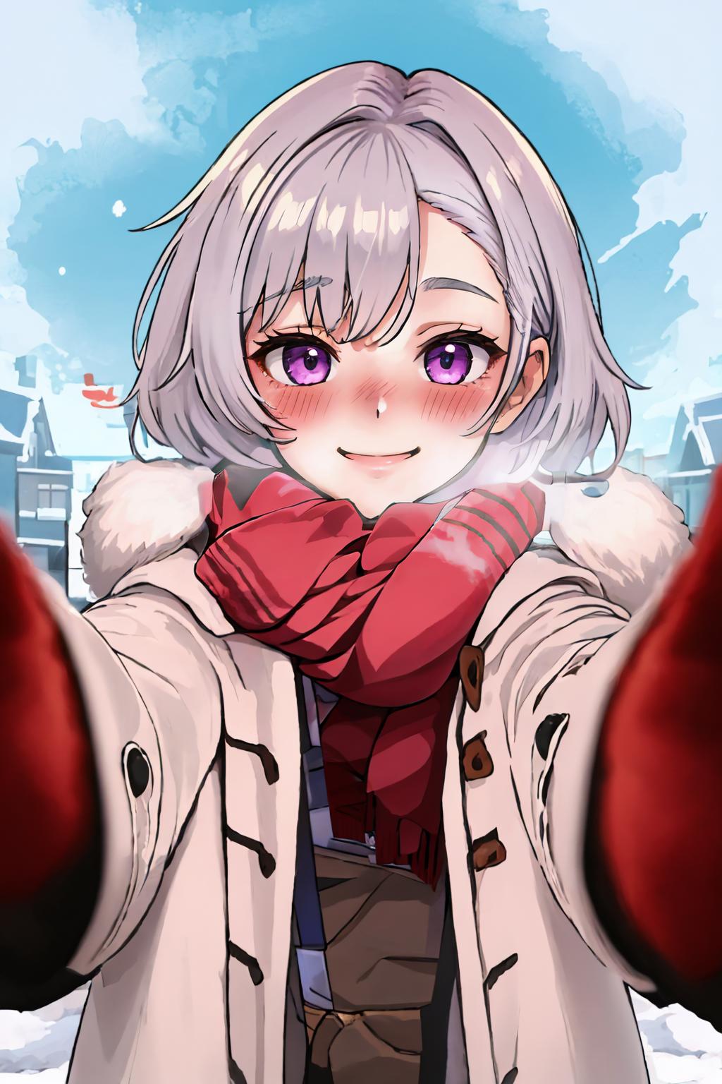 Anime girl with white hair and purple eyes in a red scarf - SeaArt AI