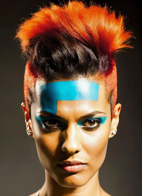 analog style, modelshoot style, portrait of sks woman by Flora Borsi, style by Flora Borsi, bold, bright colours, orange Mohawk haircut, ((Flora Borsi)), <lora:locon_freema_v1_from_v1_64_32:1.3>