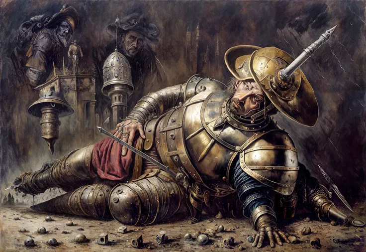 A deformed and decrepit landknt with a hat and with armor is on his knees and witnessing the death of the universe while he merges with himself, great sword on the ground, Hurricane, , (Salvador Dali:1.25), Key, Menacing,Morbid, (Simultaneous contrast:1.1), (Rhythm:1.1), (Scraping:1.1), (Twilight:1.2), Stone, Star, ultra detailed, intricate, oil on canvas, dry brush, (surrealism:1.1), (disturbing:1.1), <lora:landknt:0.7>