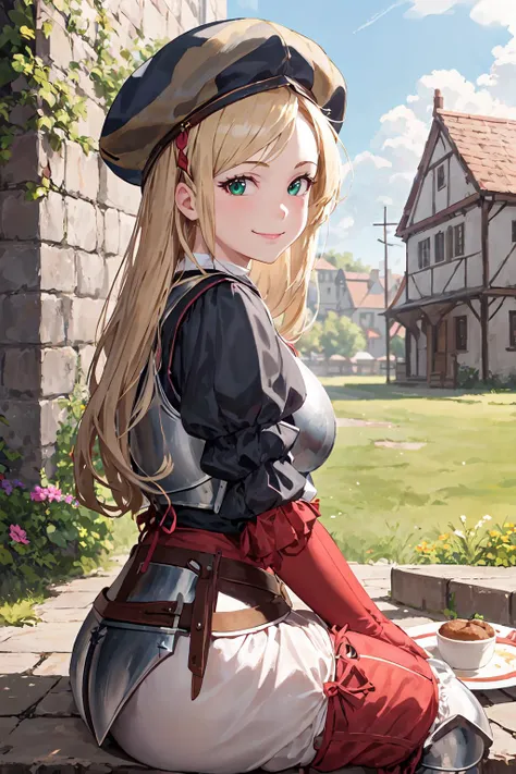 masterpiece, best quality, landknt, from side, cowboy shot, 
1girl, sitting, looking at viewer, smile, arms at sides, closed mouth, 
long hair, green eyes, blonde hair,
(plate armor), colored clothes, puffy sleeves, puffy pants, large muffin cap, 
outdoors, renaissance architecture,
<lora:landknt:1.0>