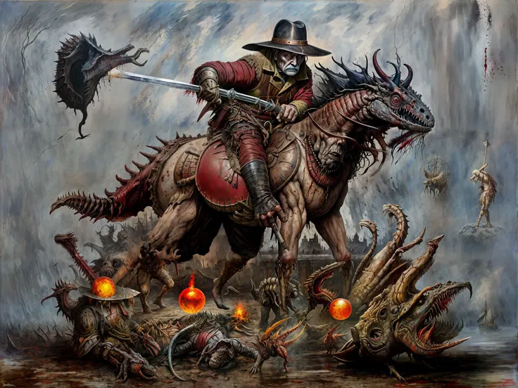 An aged landknt faces and ocean of blood and gore for his final combat before death, holding a great sword, Dusk, , (Jake and Dinos Chapman,Salvador Dali:1.25), Shadows, Desolation,Peculiar,Chilling, (Dual tones:1.1), (Juxtaposition:1.1), (Alla prima:1.1), (Glowing:1.2), Marble, Sphere, ultra detailed, intricate, oil on canvas, dry brush, (surrealism:1.1), (disturbing:1.1), <lora:landknt:0.7>