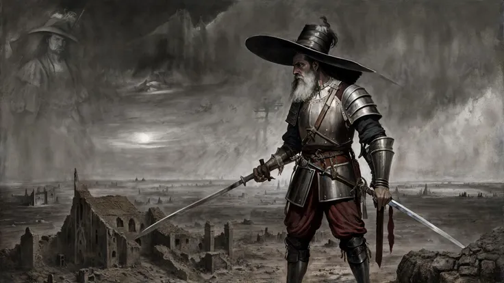 a male landknt with a serious look on his face is holding a great sword ready for combat against a murderous and bloodthirsty god, with armor, apocalypse, biblical, battlefield, war, death, bold, proud, long hair, with a hat, mustache, beard, Hurricane, , (Zdzislaw Beksinki,Kay Sage:1.25), Cracked egg,Shipwreck,Ruins, Paranormal,Aberrant,Gruesome, (Grayscale:1.1), (Rule of Thirds:1.1), (Wash:1.1), (Glowing:1.2), Sand, Cube, ultra detailed, intricate, oil on canvas, dry brush, (surrealism:1.1), (disturbing:1.1), <lora:landknt:0.77>
