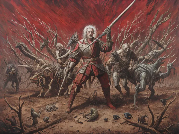 An aged landknt faces and ocean of blood and gore for his final combat before God, holding a great sword, Tornado, Gothic, (Jake and Dinos Chapman,Wolfgang Paalen:1.25),  Barren trees, Lurid,Chaos,Shattered, (Complementary:1.1), (Leading lines:1.1),  (Layering:1.1), (Glowing:1.2), Feathers, Cylinder, scarlet red, ultra detailed, intricate, oil on canvas, dry brush, (surrealism:1.1), (disturbing:1.1), <lora:landknt:0.8>