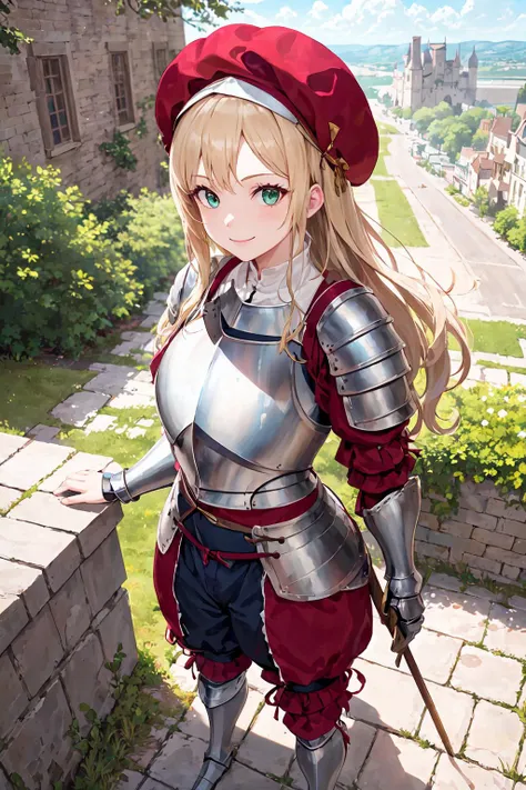 masterpiece, best quality, landknt, from above,
1girl, standing, looking at viewer, smile, 
long hair, green eyes, blonde hair,
(plate armor, full armor), colored clothes, puffy sleeves, puffy pants, large muffin  cap, 
outdoors, renaissance architecture,
<lora:landknt:1.0>