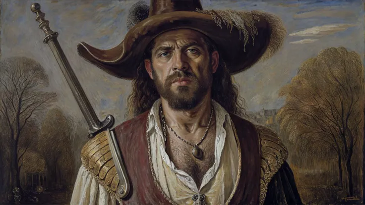a male landknt with a serious look on his face is holding a great sword ready for combat against a murderous and bloodthirsty god, with armor, apocalypse, biblical, battlefield, war, death, bold, proud, long hair, with a hat, mustache, beard, Mist, Baroque, (James Ensor:1.25), Crows or ravens, Sinister, (Dual tones:1.1), (Juxtaposition:1.1), (Underpainting:1.1), (Floodlight:1.2), Marble, Cone, ultra detailed, intricate, oil on canvas, dry brush, (surrealism:1.1), (disturbing:1.1), <lora:landknt:0.77>