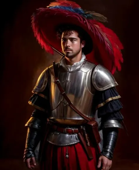 High resolution, high quality, high detail, soft lighting, cinematic lighting, realistic, DSLR, bokeh, studio quality, film grain, panorama, filmgrab of a young landknt wearing a large hat with colorful feather plumes, plate armor, black shirt, moutasche, <lora:landsknecht_outfit:0.7>, holding a very long sword, standing, simple background, 80s fantasy movie
