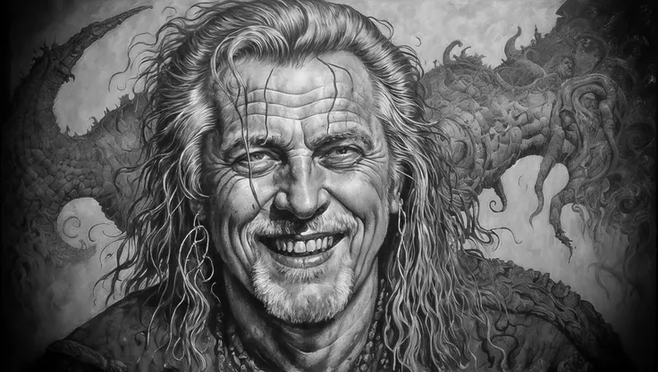 <lora:methurlant:0.7>, methurlant, mid shot of an old landknt with white long hair with an enormous smile on his face and absurd gods behind him, laughing crazily, Hurricane, Romanesque, Snake, Ominous, (Primary colors:1.1), (Isolation:1.1), (Cross-hatching:1.1), (Twilight:1.2), Rust, Heart, ultra detailed, intricate, oil on canvas, dry brush, (surrealism:1.1), (disturbing:1.1) <lora:landknt:0.66>