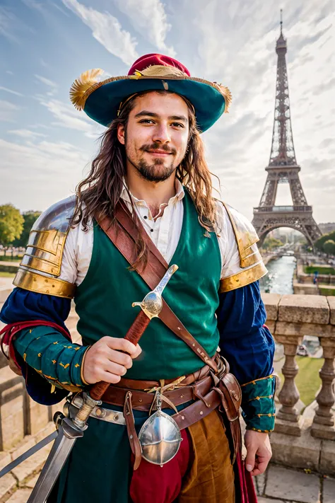 a landknt (holding a great sword) is looking into the camera, with long hair, mustache, beard, wearing a colorful hat, armor, smiling,
Eiffel tower in the background,
flare, 35mm photograph, film, bokeh, professional, 4k, highly detailed
<lora:landknt:0.6>