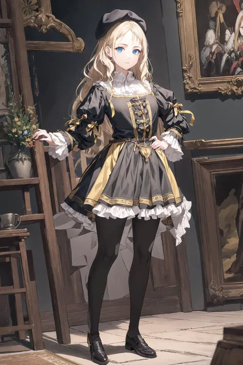 masterpiece, best quality, landknt, renaissance, full body,
1girl, standing, looking at viewer, pose,
long hair, blue eyes, blonde hair,
yellow clothes, puffy sleeves, (bloomers), black muffin cap, leggings, high collar, leather shoes,
indoors, renaissance architecture, dark background, oil painting,
<lora:landknt:1>