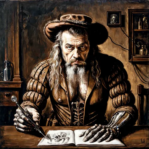 a close up portrait of a male landknt posing with a smug look on his face, thinking posture, holding beard with his hand, medieval bedroom in the background, looking at the camera, bold, proud, long hair, with a hat, mustache, beard, Thunderstorm, , (Joel-Peter Witkin,H.R. Giger,Otto Dix:1.25),  Shattered glass,Skeletons, Mysterious,Labyrinthine, (Optical mixing:1.1), (Shape:1.1),  (Cross-hatching:1.1), (Neon light:1.2), Water, Hexagon, ultra detailed, intricate, oil on canvas, dry brush, (surrealism:1.1), (disturbing:1.1), <lora:landknt:0.77>