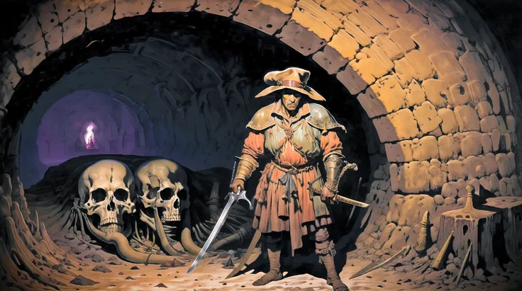 ASCIImethurlant, <lora:methurlant:0.7>, an landknt with a hat and a sword exploring enormous catacombs full of skulls and bones, (claustrophobic:1.3), (crypt:1.3), scary, nightmare, holding a big great sword, intricate, tan skin, surreal, gritty, atmospheric, cinematic, stylized, contrast, comic, eerie, medieval, epic, artwork, drawing, comics, illustration, <lora:landknt:0.9>