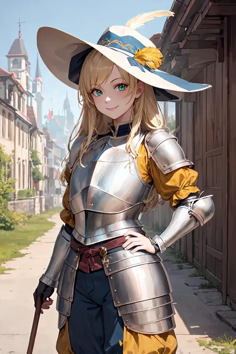 masterpiece, best quality, landknt, cowboy shot,
1girl, standing, looking at viewer, pose, smile,
long hair, green eyes, blonde hair,
(plate armor, full armor), yellow clothes, puffy sleeves, puffy pants, hat feather, hat,
outdoors, renaissance architecture,
<lora:landknt:0.8>