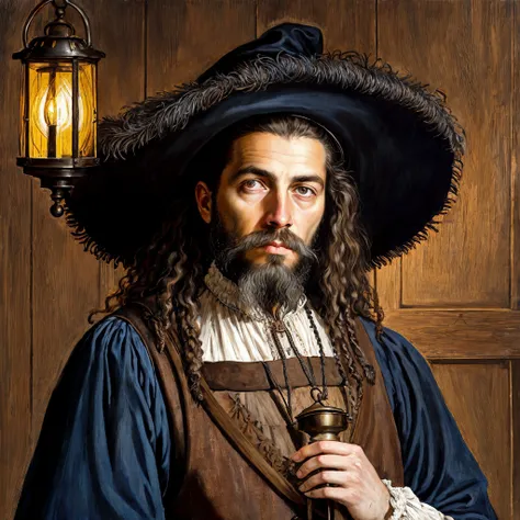 a close up portrait of a male landknt posing with a smug look on his face, thinking posture, holding beard with his hand, medieval bedroom in the background, looking at the camera, bold, proud, long hair, with a hat, mustache, beard, Cloudy, Bauhaus, (Remedios Varo:1.25), Empty birdcage,Chessboard, Bleak,Morbid,Discordant, (Pastels:1.1), (Symmetry:1.1), (Decalcomania:1.1), (Lantern light:1.2), Wood, Circle, ultra detailed, intricate, oil on canvas, dry brush, (surrealism:1.1), (disturbing:1.1), <lora:landknt:0.77>
