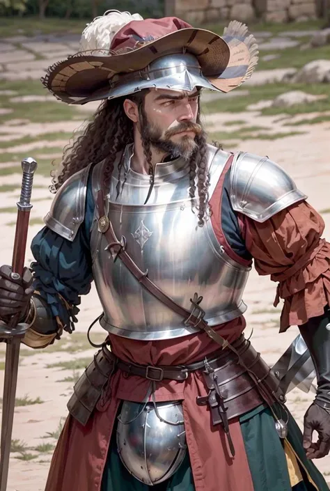 a landknt holding a great sword with a serious look on his face, with a hat, with armor, proud, menacing, dangerous, beard, long hair, mustache, battle, medieval setting, renaissance setting, war, busy background, highly detailed, intricate, best quality, <lora:landknt:1>