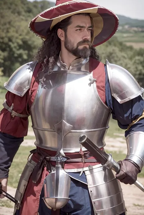 a landknt holding a great sword with a serious look on his face, with a hat, with armor, proud, menacing, dangerous, beard, long hair, mustache, battle, medieval setting, renaissance setting, war, busy background, highly detailed, intricate, best quality, <lora:landknt:1>