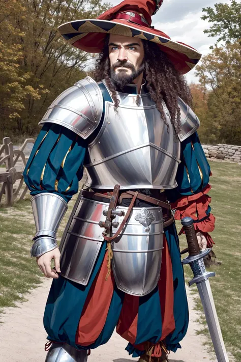 a landknt holding a great sword with a serious look on his face, with a hat, with armor, proud, menacing, dangerous, beard, long hair, mustache, battle, medieval setting, renaissance setting, war, busy background, highly detailed, intricate, best quality, ,<lora:landknt:1>