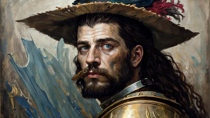 a male landknt with a serious look on his face is holding a great sword ready for combat against a murderous and bloodthirsty god, with armor, apocalypse, biblical, battlefield, war, death, bold, proud, long hair, with a hat, mustache, beard, Blizzard, , (Andre Masson,Egon Schiele:1.25), Shattered glass,Shadows, Unearthly, (Muted colors:1.1), (Balance:1.1), (Impasto:1.1), (Underwater light:1.2), Moss, Trapezoid, ultra detailed, intricate, oil on canvas, dry brush, (surrealism:1.1), (disturbing:1.1), <lora:landknt:0.77>