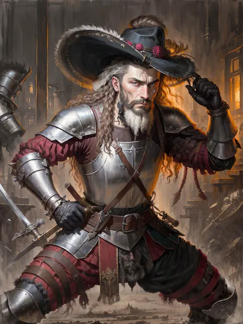 a close up portrait of a male landknt posing with a serious look on his face, holding a great sword, combat stance, with armor, battlefield, war, looking at the camera, bold, proud, long hair, with a hat, mustache, beard, Dusk, Bauhaus, (Max Klinger,Gustave Moreau:1.25), Shattered glass,Shipwreck,Tangled roots, Labyrinthine, (Monochromatic:1.1), (Framing:1.1), (Resist techniques:1.1), (Neon light:1.2), Fur, Sphere, ultra detailed, intricate, oil on canvas, dry brush, (surrealism:1.1), (disturbing:1.1), <lora:landknt:0.77>