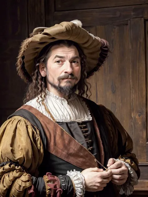 a close up portrait of a male landknt posing with a smug look on his face, renaissance room in the background, looking at the camera, long hair, with a hat, mustache, beard, in the style (caravaggio:1.3), in the style of (rembrandt:1.3), renaissance, oil painting, chiaroscuro, highly detailed, intricate, best quality, <lora:landknt:0.8>