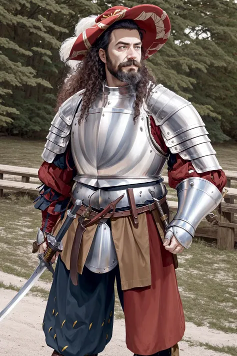 a landknt holding a great sword with a serious look on his face, with a hat, with armor, proud, menacing, dangerous, beard, long hair, mustache, battle, medieval setting, renaissance setting, war, busy background, highly detailed, intricate, best quality, ,<lora:landknt:1>