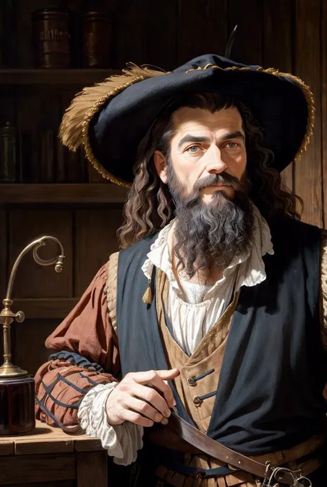 a close up portrait of a male landknt posing with a smug look on his face, thinking posture, holding beard with his hand, medieval bedroom in the background, looking at the camera, bold, proud, long hair, with a hat, mustache, beard, in the style of (caravaggio:1.3) and (rembrandt:1.3), oil painting, chiaroscuro, highly detailed, intricate, best quality, <lora:landknt:0.77>