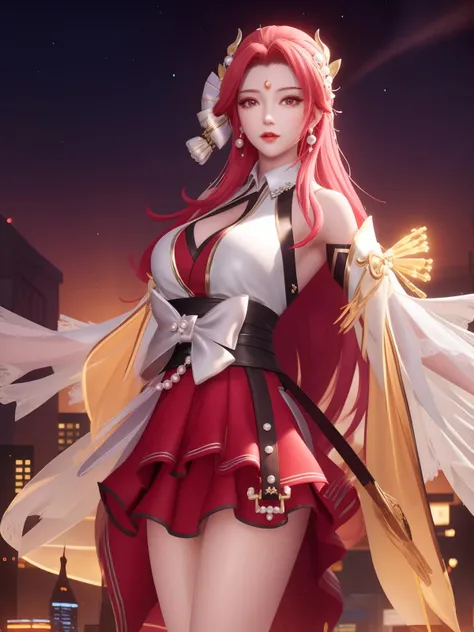 <lora:WZRYdiaochanHLMY_20230808175712:0.75>,WZRYdiaochanHLMY,1girl,mature female,looking at viewer,cityscape,night,cowboy shot,skirt,hair ornament,forehead mark,pearl \(gemstone\),bow,