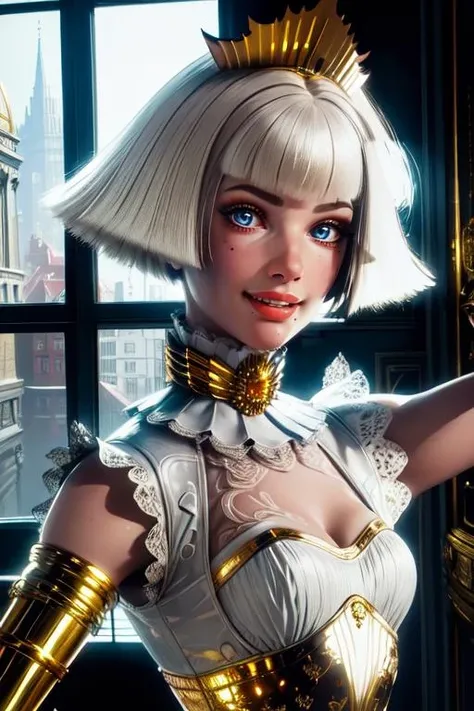 QueenB, white hair, short hair, bangs, gold mechanical arm, blue eyes,
single white gloves, cleavage, white top, midriff, arms arms behind back,
solo, upper body, smile, cleavage, cowboy shot, covered nipples,
ball room, windows,
(insanely detailed, beautiful detailed face, masterpiece, best quality) cinematic lighting,
<lora:QueenB-10:0.8>