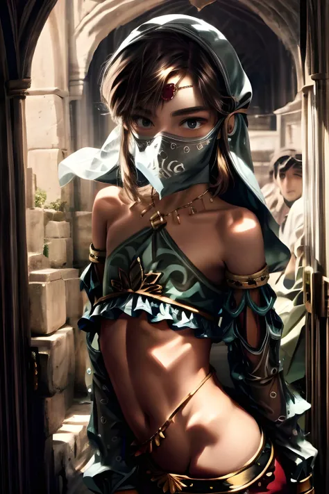 link, (blonde, femboy, otoko no ko, effeminate, sexy), gerudo set, lgear, crop top, detached sleeves, harem pants, mouth veil, veil, navel, looking at viewer, detailed eyes, smile, standing in a doorway, rear pov, looking over shoulder, come hither look, pornographic pose, beautiful ass, cute bum, candles, romantic backlighting, nsfw, masterpiece, high quality, top rated on pivix, hyper-realistic, photorealistic quality