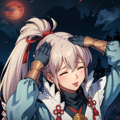 masterpiece, best quality,  <lora:TakumiFEF-bsinky-v1:0.65> defTakumi, ponytail, long hair, black gloves, armor <lora:ahetobleh-nvwls-v1-final:0.8> ahetobleh, from above, hands on own head, closed eyes, tongue, upper body, night, red moon, 1boy