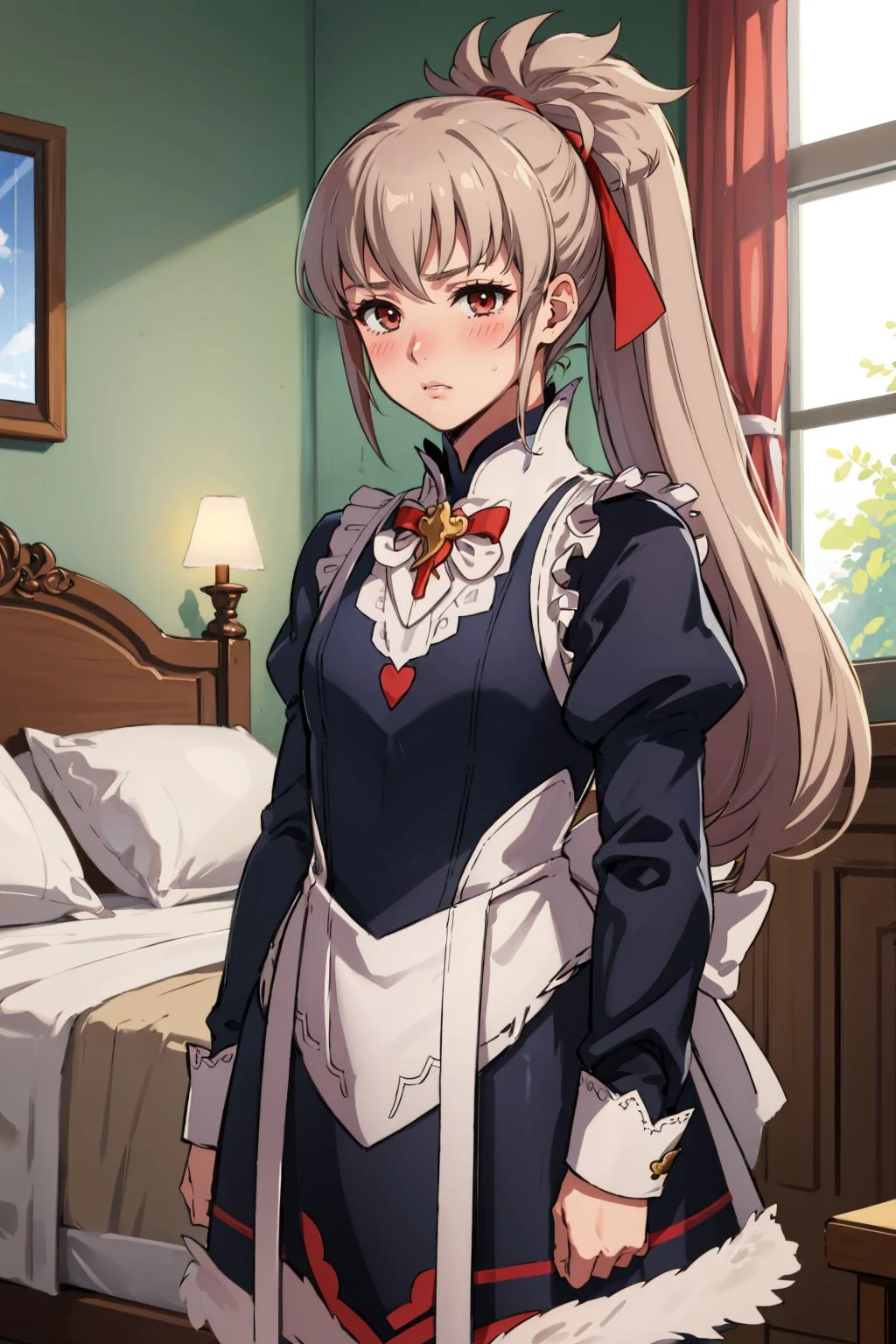 masterpiece, best quality, <lora:TakumiFEF-bsinky-v1:0.65> defTakumi, ponytail, long hair <lora:FEFatesMaid_v1:1> fates maid, 1boy, bedroom, blush, furrowed brow, crossdressing,