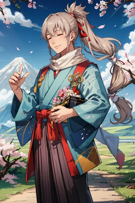 masterpiece, best quality, <lora:TakumiFEF-bsinky-v1:0.7> newTakumi, ponytail, long hair, japanese clothes, kimono, scarf, sandals, hakama, tabi, wagashi, garden, cherry blossoms, mountains, sunrise, smile, closed eyes, 1boy