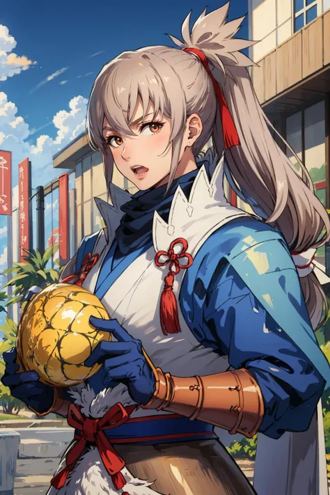 masterpiece, best quality, <lora:TakumiFEF-bsinky-v1:0.8> defTakumi, ponytail, long hair, gloves, armor, furrowed brow, open mouth, holding a huge pineapple, pineapple, japanese architecture, outdoors, upper body, 1boy, looking at viewer