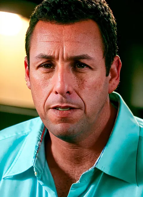 closeup portrait of sksman, hot , wearing button-up shirt , with razor cut dark brown Faux hawk , background war epic (photo, studio lighting, hard light, sony a7, 50 mm, matte skin, pores, colors, hyperdetailed, hyperrealistic), <lyco:Adam Sandler:1.2>