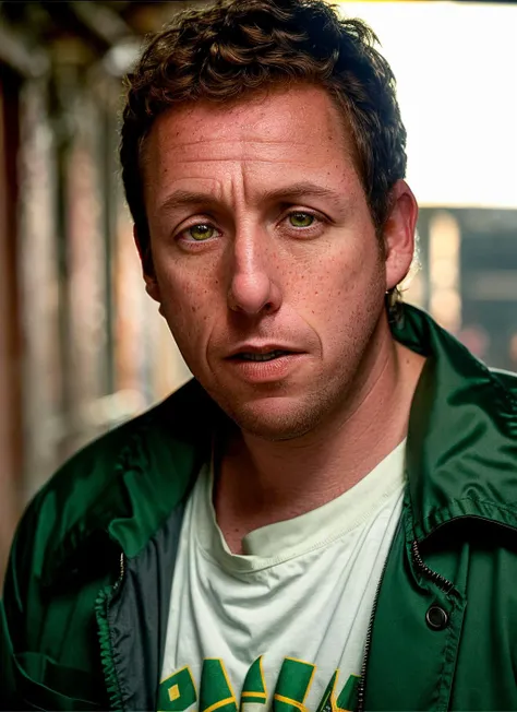 closeup portrait of sksman, anxious , wearing cargo pants , with shaggy hair strawberry blonde Ivy league , background slums epic (photo, studio lighting, hard light, sony a7, 50 mm, matte skin, pores, colors, hyperdetailed, hyperrealistic), <lyco:Adam Sandler:1.2>