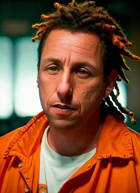 closeup portrait of sksman, surprise , wearing pants , with dreadlocks orange Taper cut , background dungeon epic (photo, studio lighting, hard light, sony a7, 50 mm, matte skin, pores, colors, hyperdetailed, hyperrealistic), <lyco:Adam Sandler:1.2>