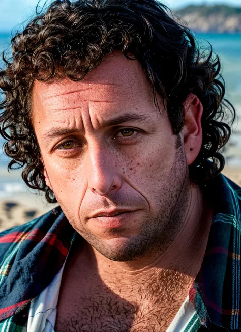 closeup portrait of sksman, determined , wearing flannel shirt , with textured fringe chocolate Curly hair , background beach epic (photo, studio lighting, hard light, sony a7, 50 mm, matte skin, pores, colors, hyperdetailed, hyperrealistic), <lyco:Adam Sandler:1.2>