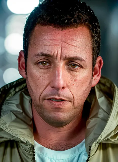 closeup portrait of sksman, ashamed , wearing raincoat , with buzz cut dark blonde Curly hair , background jewish temple epic (photo, studio lighting, hard light, sony a7, 50 mm, matte skin, pores, colors, hyperdetailed, hyperrealistic), <lyco:Adam Sandler:1.2>