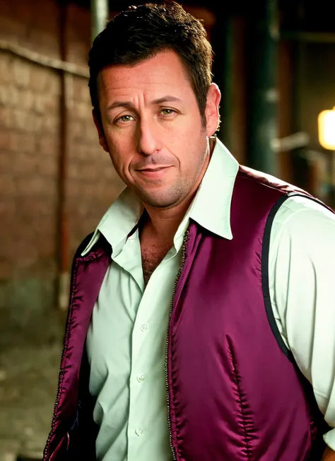 closeup portrait of sksman, optimistic , wearing waistcoat , with long mustache burgundy High and tight , background alleyway epic (photo, studio lighting, hard light, sony a7, 50 mm, matte skin, pores, colors, hyperdetailed, hyperrealistic), <lyco:Adam Sandler:1.2>