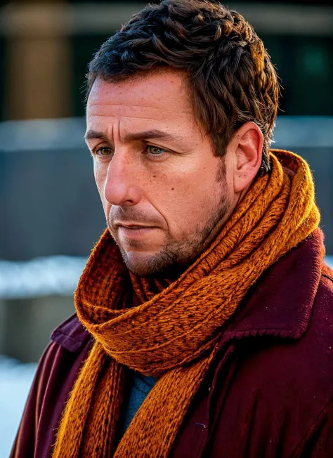 closeup portrait of sksman, sorry , wearing scarf , with long mustache auburn Spiky hair , background autumn epic (photo, studio lighting, hard light, sony a7, 50 mm, matte skin, pores, colors, hyperdetailed, hyperrealistic), <lyco:Adam Sandler:1.2>