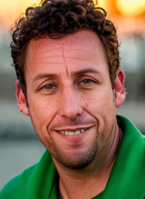 closeup portrait of sksman, smile , wearing polo shirt , with short beard chestnut Curly hair , background fire epic (photo, studio lighting, hard light, sony a7, 50 mm, matte skin, pores, colors, hyperdetailed, hyperrealistic), <lyco:Adam Sandler:1.2>