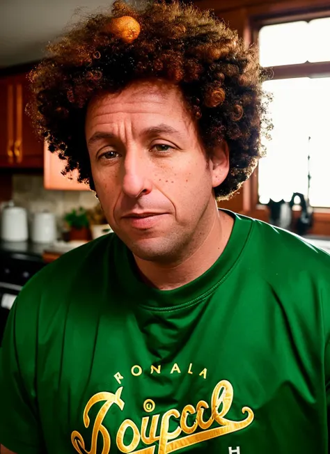 closeup portrait of sksman, hopeful , wearing crewneck , with afro copper Classic side sweep , background kitchen epic (photo, studio lighting, hard light, sony a7, 50 mm, matte skin, pores, colors, hyperdetailed, hyperrealistic), <lyco:Adam Sandler:1.2>