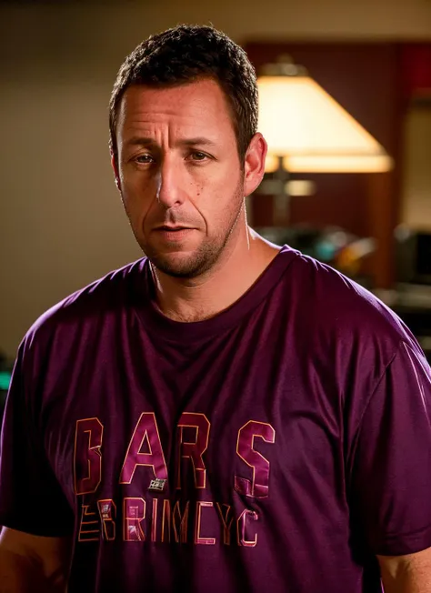 portrait of sksman, ashamed , wearing t-shirt dress , with thin beard burgundy Taper cut , background spring epic (photo, studio lighting, hard light, sony a7, 50 mm, matte skin, pores, colors, hyperdetailed, hyperrealistic), <lyco:Adam Sandler:1.2>