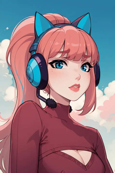 SonechkaVK ,blue headset, fake animal ears, ponytail, (pink hair:1.3), long hair, makeup<lora:SonechkaVK:0.8>