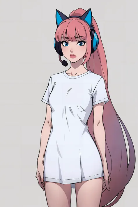 SonechkaVK ,blue headset, fake animal ears, ponytail, pink hair, long hair,medium breasts,(very long white oversize t-shirt dress:1.5),no pants,bare legs,simple background, <lora:SonechkaVK:0.7>