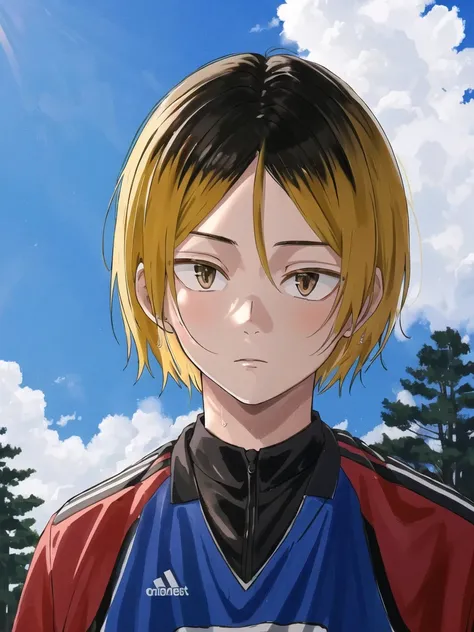 ((fully clothed))<lora:KenmaKozumeV2:0.75>,high res, masterpiece,Kenma Kozume, ((1boy,)) ((1man)), black_hair (blonde_hair) looking_to_the_side male_focus multicolored_hair,solo sportswear sweat sweatdrop twitter_username tying_hair upper_body volleyball_uniform yellow_eyes, detailed background, bright,volleyball court, outside,blue sky, woods,