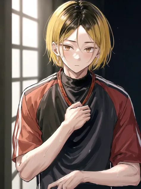 ((fully clothed))<lora:KenmaKozumeV2:0.6>,high res, masterpiece,Kenma Kozume, ((1boy,)) ((1man)), black_hair (blonde_hair) looking_to_the_side male_focus multicolored_hair,solo sportswear sweat sweatdrop twitter_username tying_hair upper_body volleyball_uniform yellow_eyes, detailed background, bright