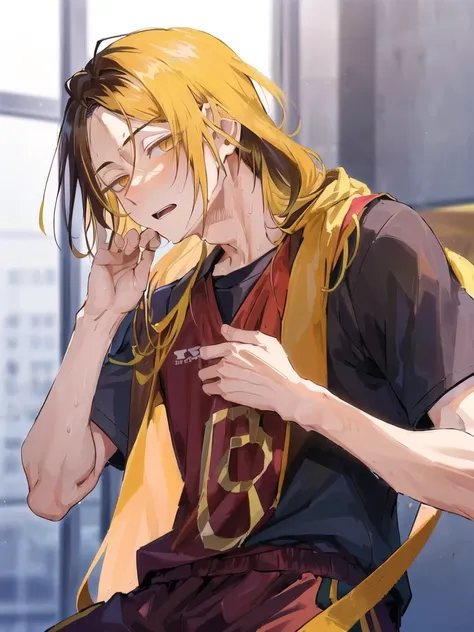 ((fully clothed))<lora:KenmaKozumeV2:0.6>, ((long_hair )) ,high res, masterpiece,Kenma Kozume, ((1boy,)) ((1man)), black_hair (blonde_hair) looking_to_the_side male_focus multicolored_hair,solo sportswear sweat sweatdrop twitter_username tying_hair upper_body volleyball_uniform yellow_eyes, detailed background, bright